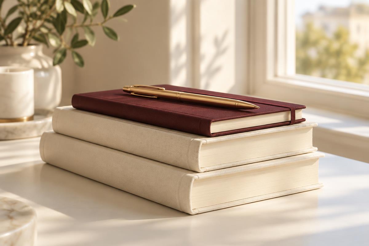 كتب ودفتر عنابي وقلم ذهبي بجوار النافذة